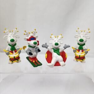 Lot 4 Applause Christmas 3" Smiling White Reindeer Skiing Sledding Drumming PVC
